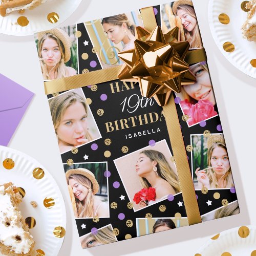 Birthday Confetti Custom Name Photo Collage Purple Wrapping Paper