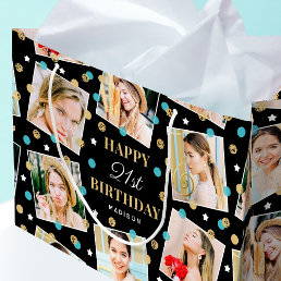 Birthday Confetti Custom Name Photo Collage Teal Large Gift Bag