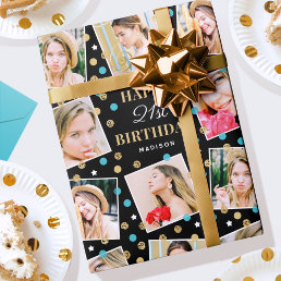 Birthday Confetti Custom Name Photo Collage Teal Wrapping Paper