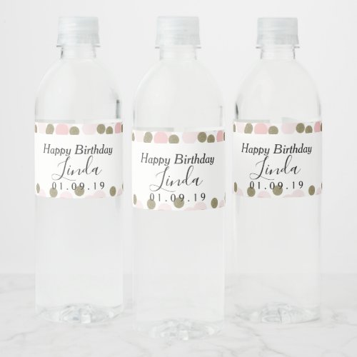Birthday  Confetti Pink Faux Gold Foil Dots Water Bottle Label