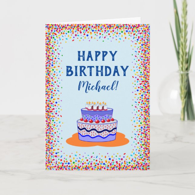 Birthday Cool  Blue Cake Colorful Confetti Card (Front)