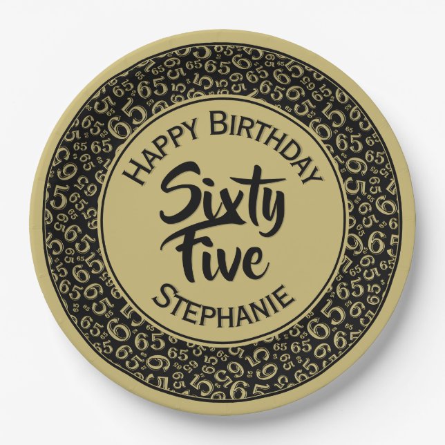 Birthday Cool Random Number Pattern Black/Gold Paper Plates (Front)