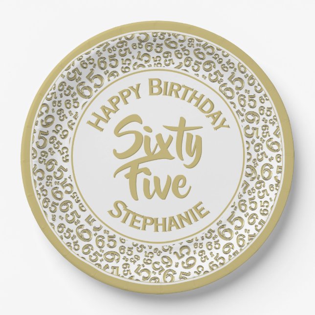 Birthday Cool Random Number Pattern Gold/White Paper Plates (Front)