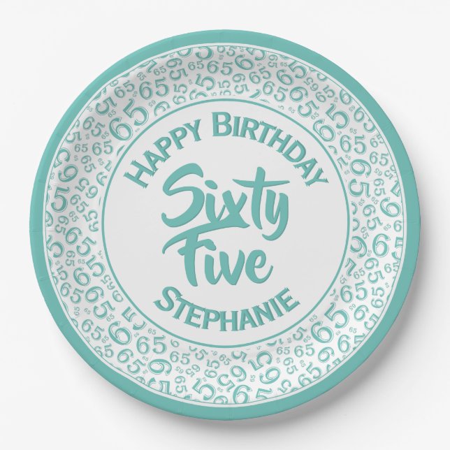 Birthday Cool Random Number Pattern Teal/White Paper Plates (Front)