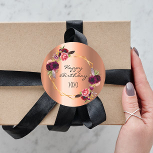 Birthday copper florals gold burgundy geometric classic round sticker