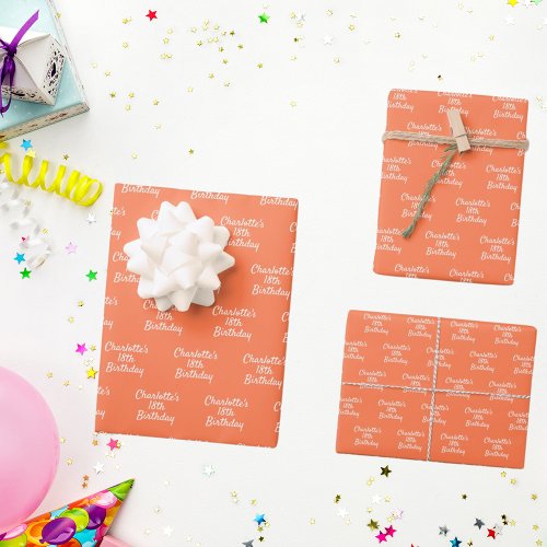 Birthday coral orange name script wrapping paper sheets