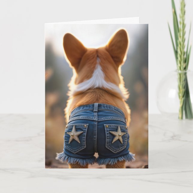Birthday Corgi Dog Wearing Blue Jean Shorts Card (Front)