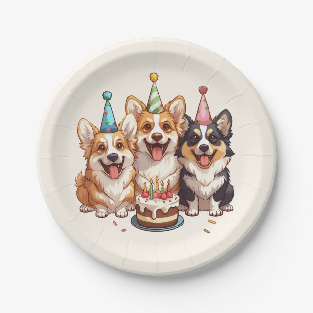 Birthday Corgi Dogs Paper Plates (Front)
