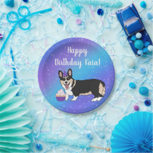 Birthday Corgis Blue And Purple  Paper Plates
