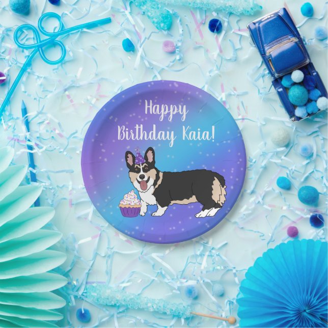 Birthday Corgis Blue And Purple  Paper Plates (Party)