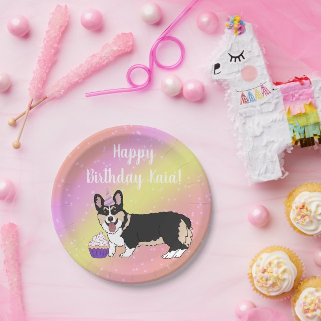 Birthday Corgis pink and orange Paper Plates (Party)