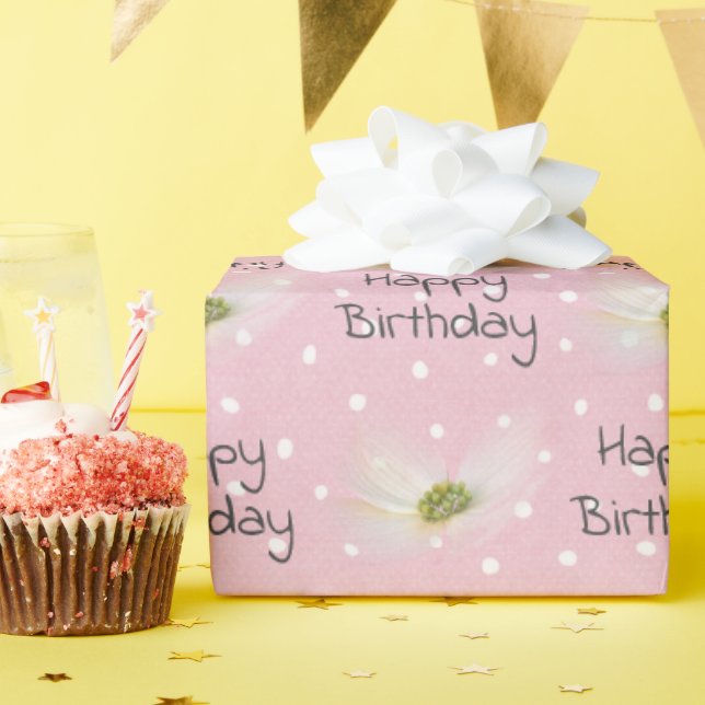 Birthday Cosmos Flowers On Polka Dots  Wrapping Paper (Birthday Party)