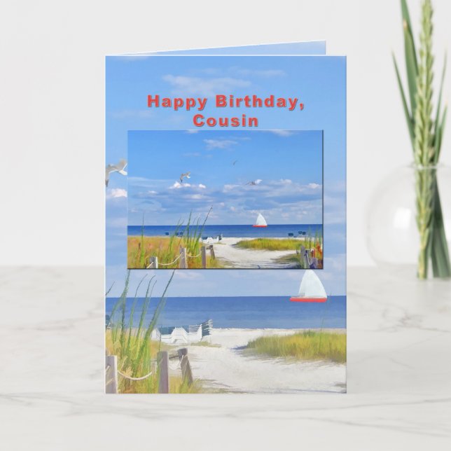 Birthday, Cousin, Beach and Ocean View Card (Front)