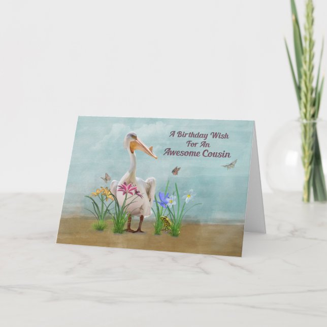 Birthday, Cousin, Pelican, Flowers Card (Front)