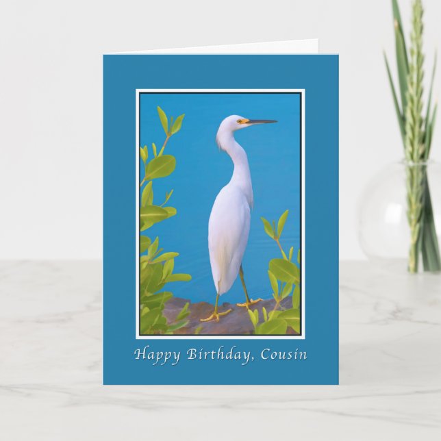 Birthday, Cousin, Snowy Egret Bird Card (Front)