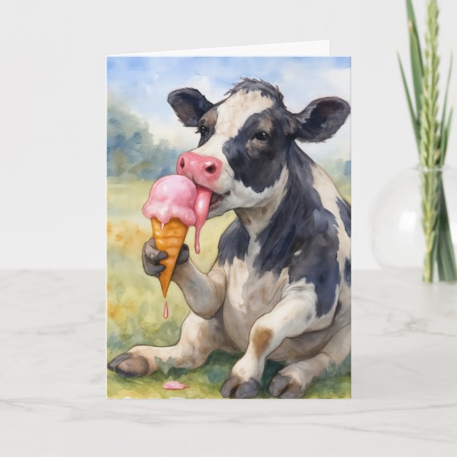 Birthday Cow Licking an Ice Cream Cone Card (Front)