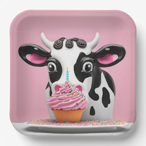 Birthday Cow With Cupcake On Pink Paper Plates