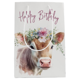 Birthday Cow With Flowers Medium Gift Bag