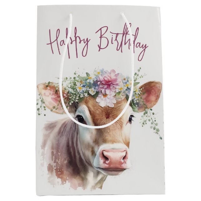 Birthday Cow With Flowers  Medium Gift Bag (Front)