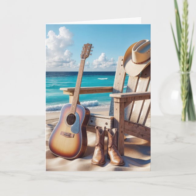 Birthday Cowboy Hat and Boots On the Beach Card (Front)