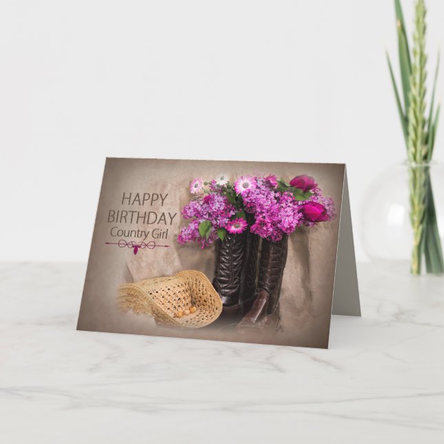 Birthday, Cowgirl, Boots, Flowers/Lilacs/Tulips Card (Front)