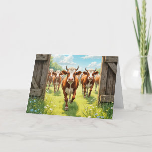 Birthday Cows Escaping Out of a Pasture Card