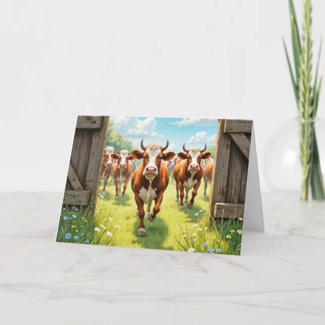 Birthday Cows Escaping Out of a Pasture Card (Front)