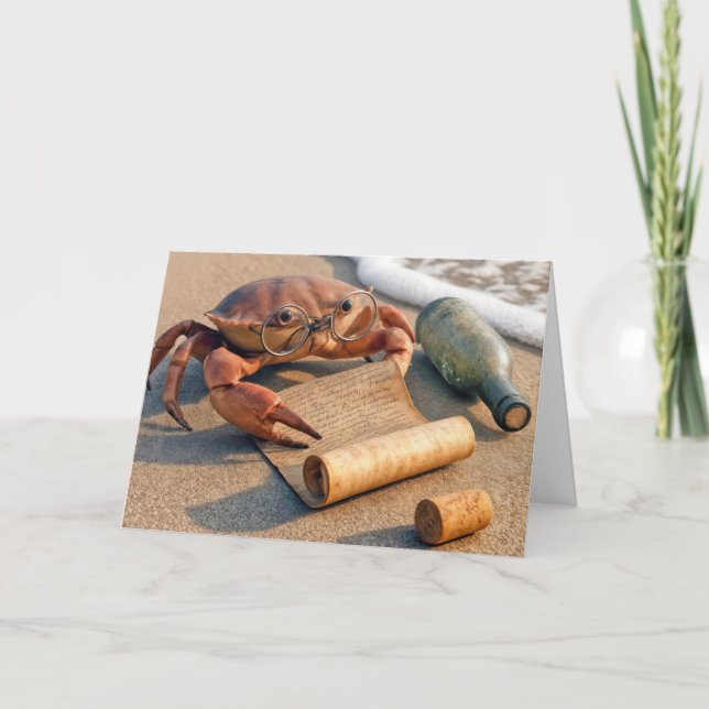 Birthday Crab Reading a Message on a Beach Card (Front)