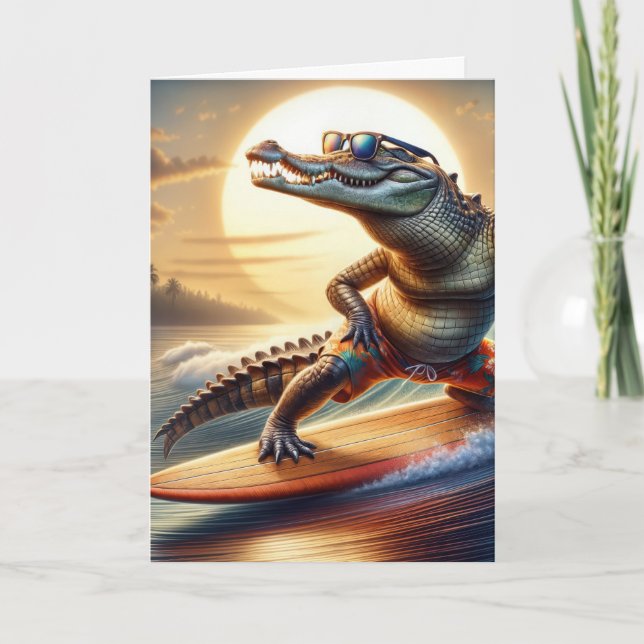 Birthday Crocodile On a Surfboard Card (Front)