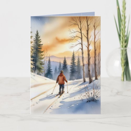 Birthday Cross Country Skier Watercolor