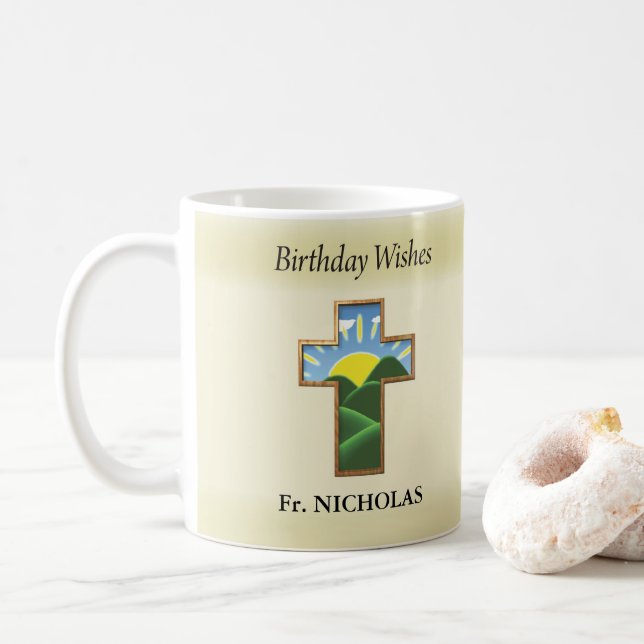 Birthday Cross Priest Personalized Coffee Mug (With Donut)
