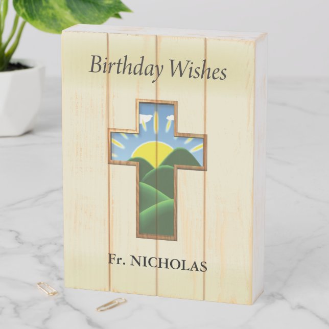 Birthday Cross Priest Personalized Wooden Box Sign (In Situ Vertical)