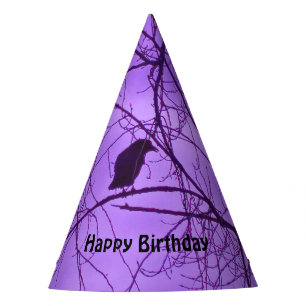 Birthday Crow Silhouette Tree Branches Purple Sky Party Hat