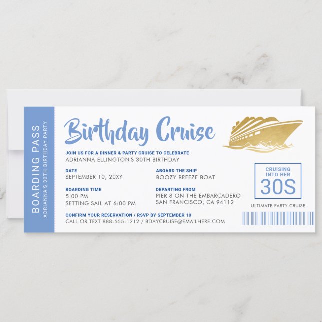 Birthday Cruise Boarding Pass Invite Blue Gold (Front)