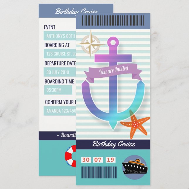 Birthday Cruise Boarding Pass Ticket Invitation (Front/Back)
