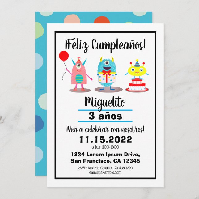 Birthday/Cumpleaños Spanish Colorful Monsters  Invitation (Front/Back)