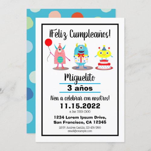BirthdayCumpleaos Spanish Colorful Monsters  Invitation