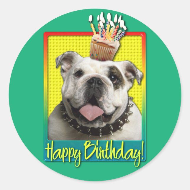 Birthday Cupcake - Bulldog - Light Classic Round Sticker (Front)