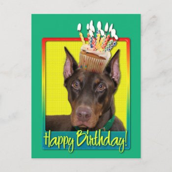 Birthday Cupcake - Doberman - Red - Rocky Postcard by FrankzPawPrintz at Zazzle