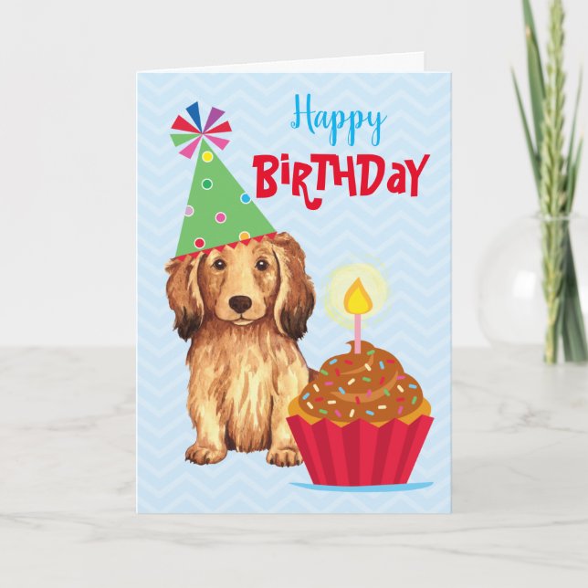 Birthday Cupcake Longhaired Dachshund Card (Front)