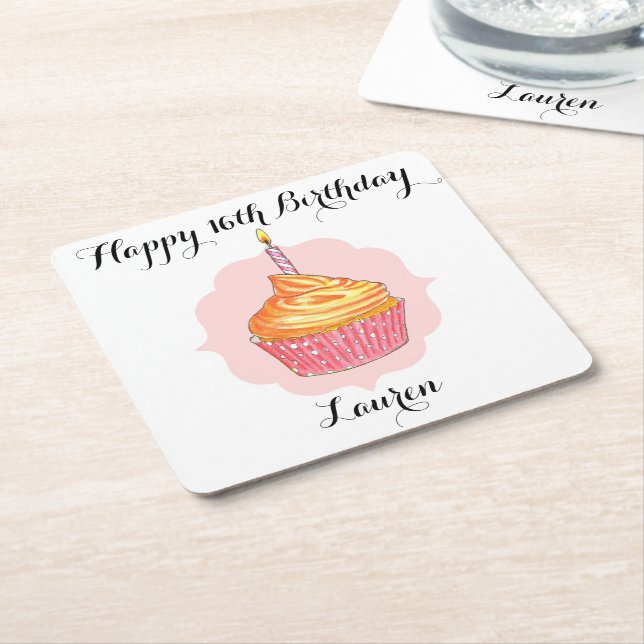 Birthday Cupcake Pink Personalized Square Paper Coaster (Angled)
