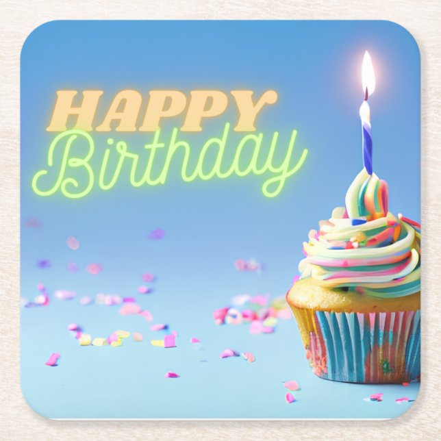 Birthday Cupcake Square Paper Coaster (Front)