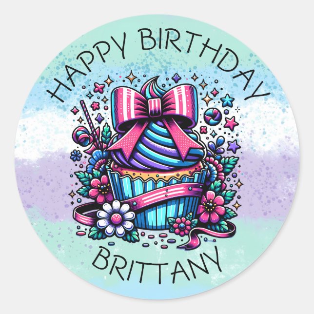 Birthday Cupcake Whimsical Personalized Classic Round Sticker (Front)