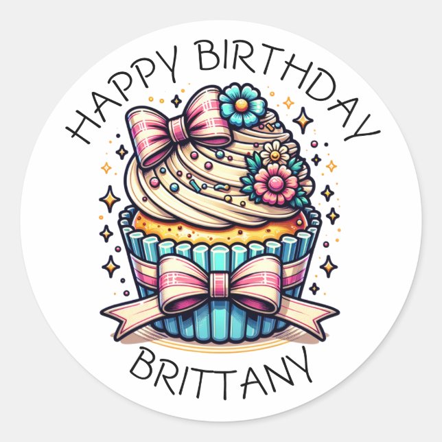 Birthday Cupcake Whimsical Personalized Classic Round Sticker (Front)