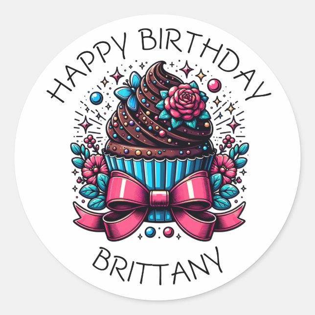 Birthday Cupcake Whimsical Personalized Classic Round Sticker (Front)