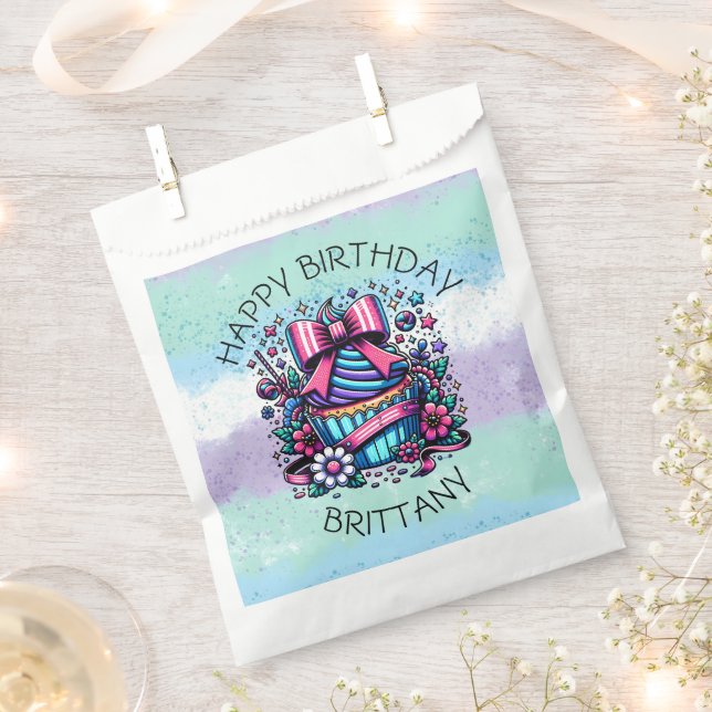 Birthday Cupcake Whimsical Personalized Favor Bag (Clipped)