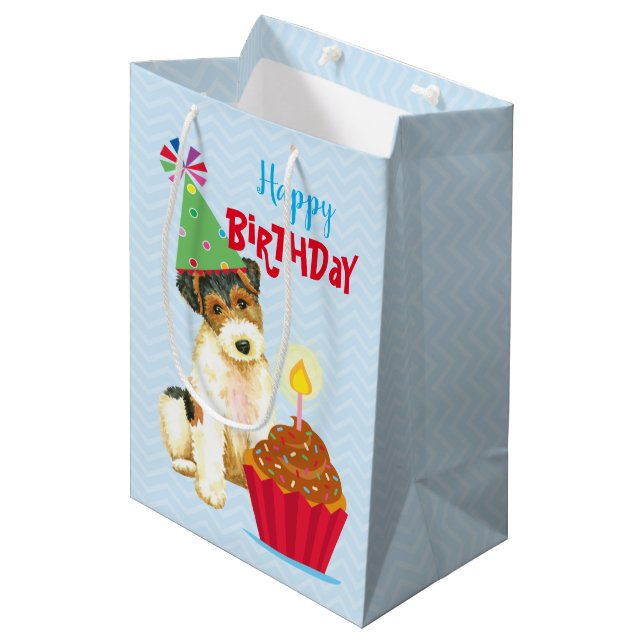 Birthday Cupcake Wire Fox Terrier Medium Gift Bag (Front Angled)