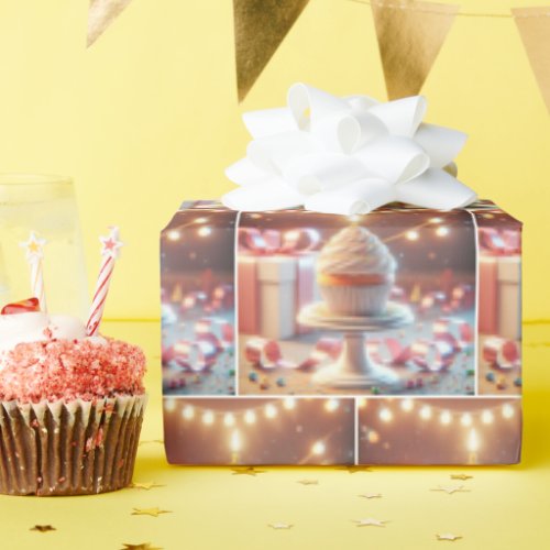 Birthday Cupcake With String Lighting Wrapping Paper