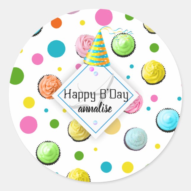 Birthday Cupcakes and Dots Monogram Classic Round Sticker (Front)