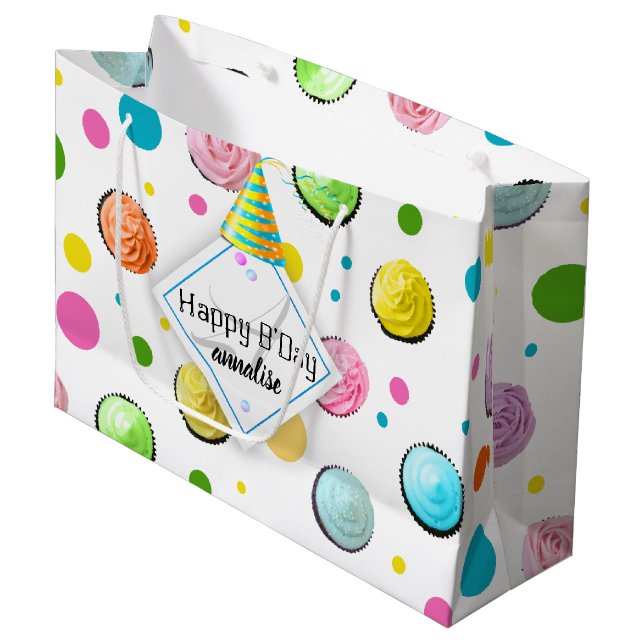 Birthday Cupcakes and Dots Monogram Large Gift Bag (Front Angled)